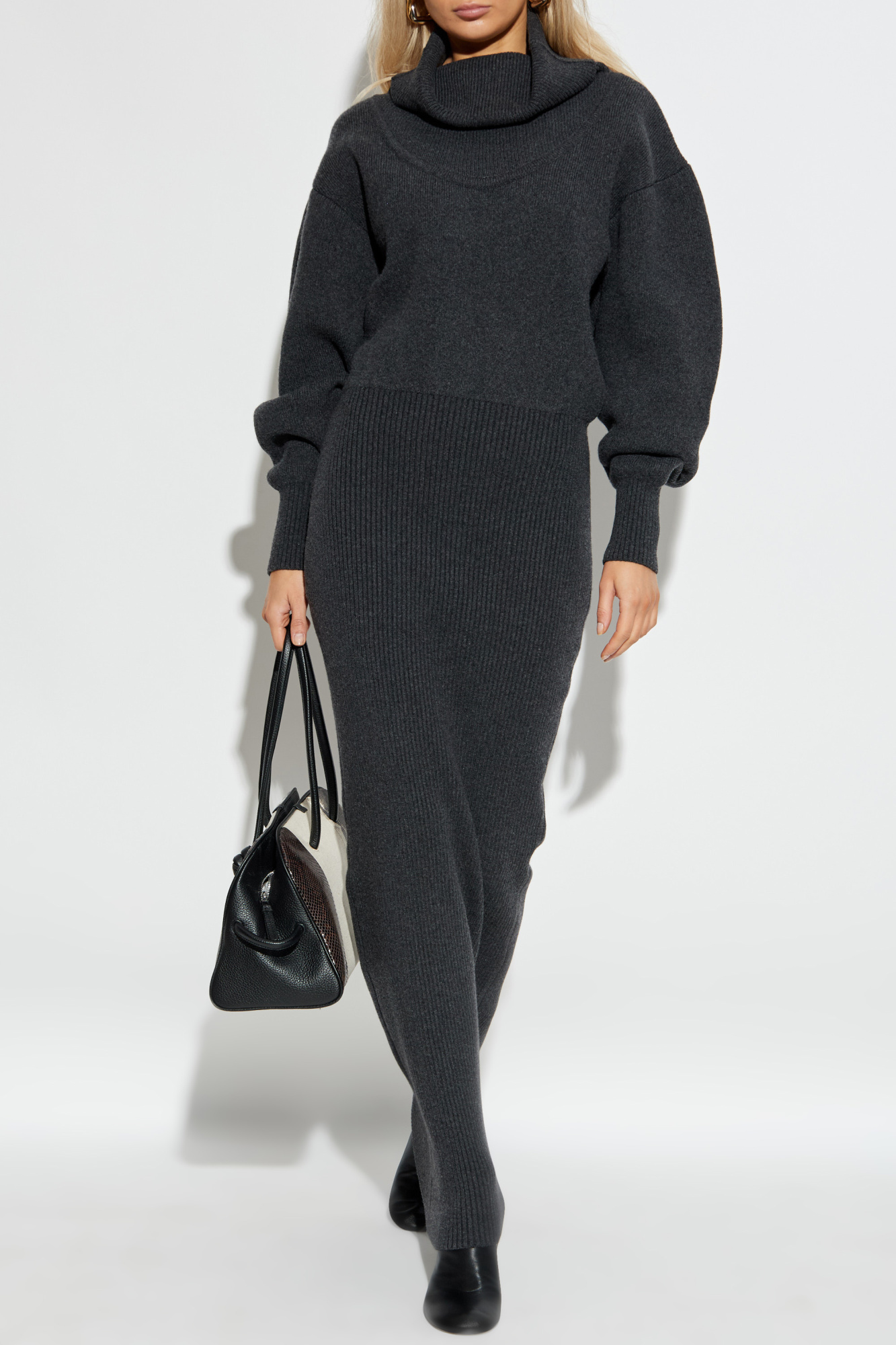 Turtleneck Wool Dress ABBIE Sweater Dress Grey Mini Turtleneck Flared  Sleeve Dress