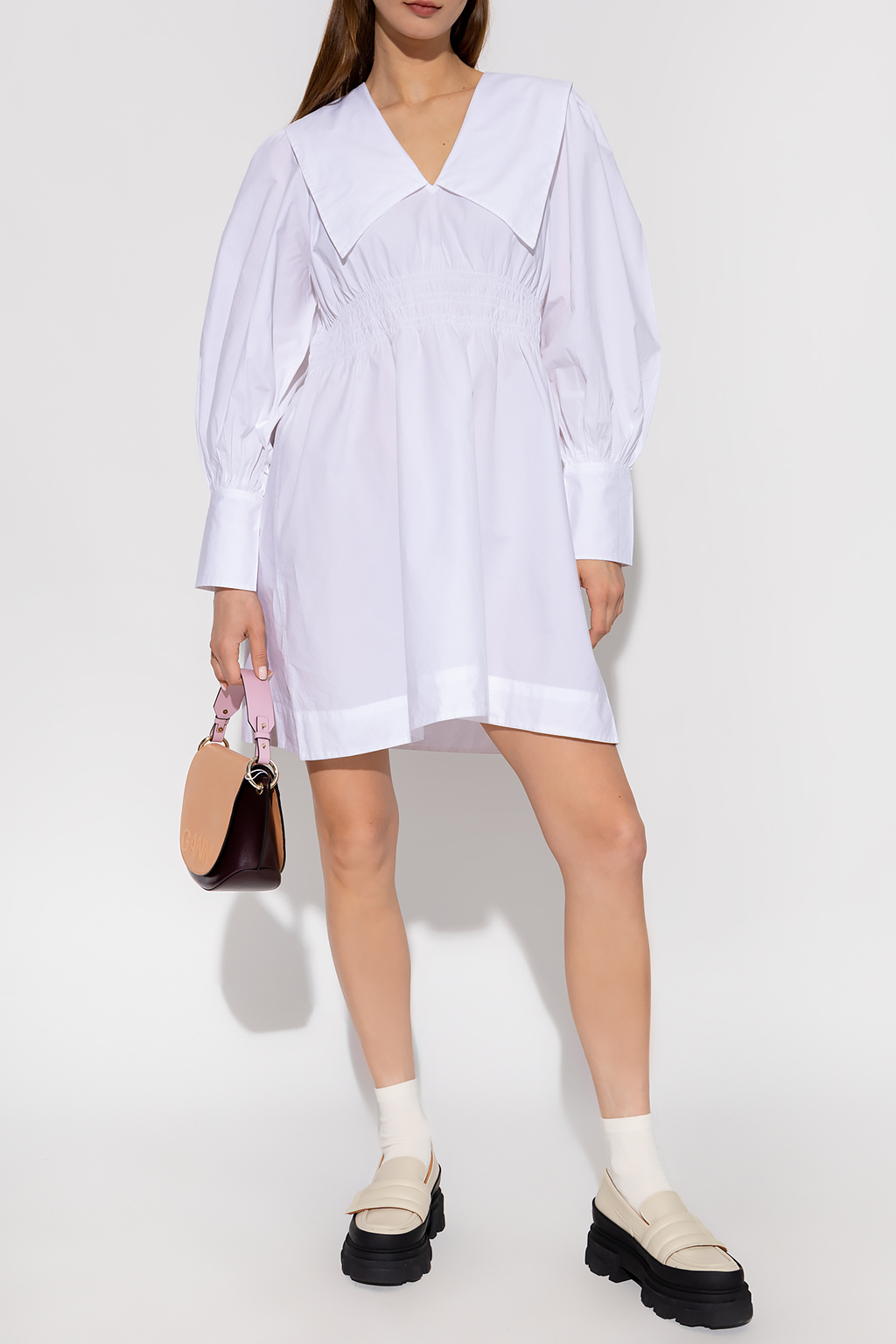 Ganni tie-waist long-sleeve dress Blau