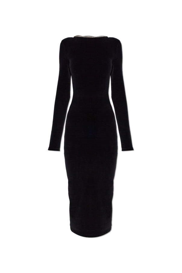 Velvet dress with decorative crystal straps od Balmain