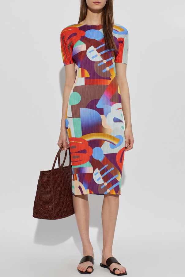 Pleats Please Issey Miyake Plissiertes Kleid mit kurzen Ärmeln