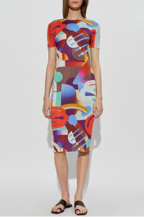 Pleats Please Issey Miyake Plissiertes Kleid mit kurzen Ärmeln