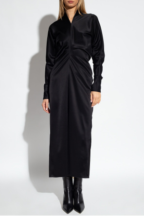 Lanvin Premium Satin Puff Sleeve Drape Midi Dress