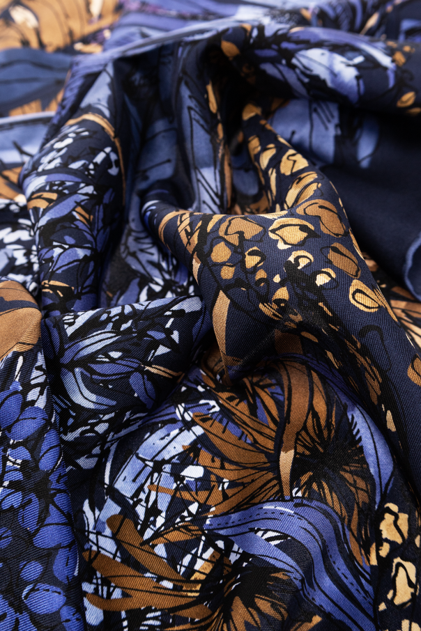 Navy Blue Gold Abstract Floral Silky Scarf Shawl