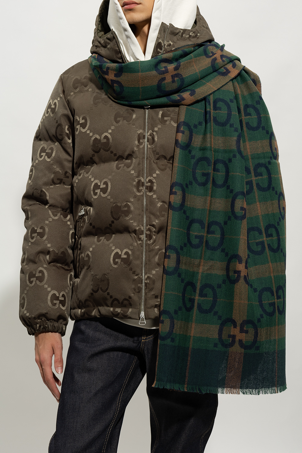 Gucci Monogram-pattern Fringed-trim Wool Scarf in Gray