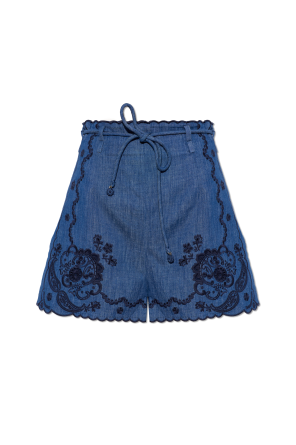 Denim shorts with an openwork pattern