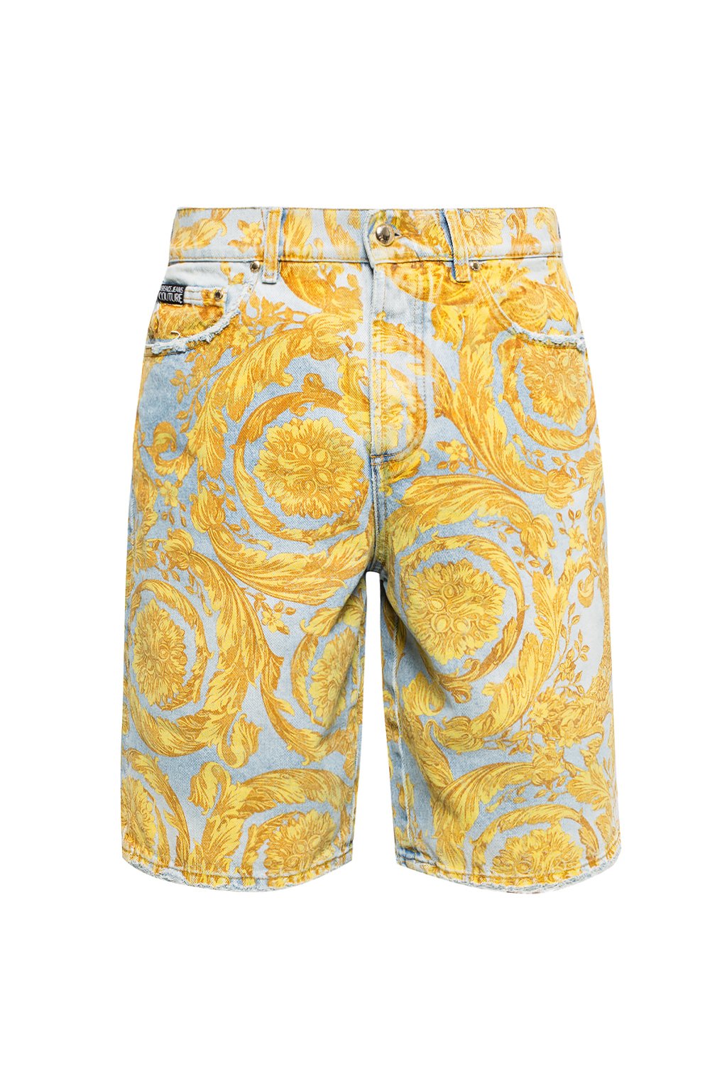 patterned denim shorts