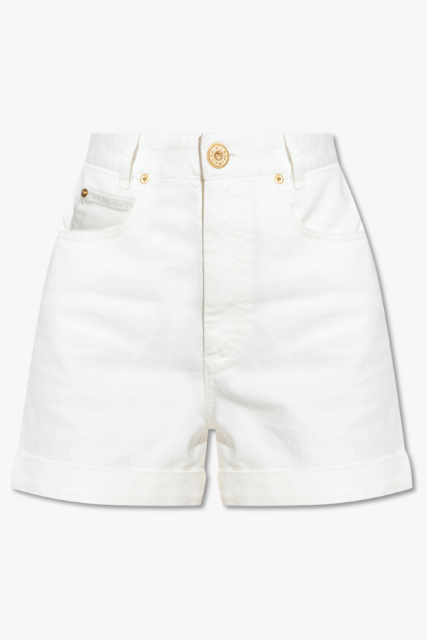 Balmain High-rise leather denim shorts