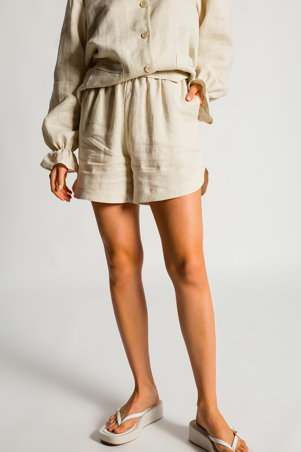 knit jumper dress in ivory ‘Lucie’ linen shorts