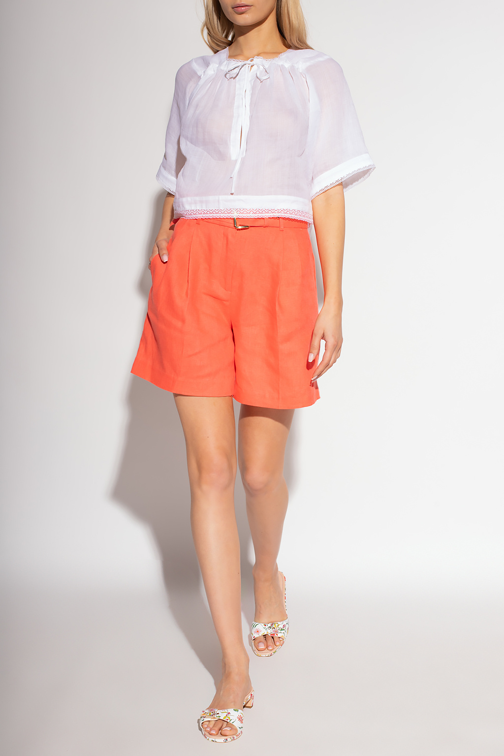 organza dress with cutout detail in white Linen shorts