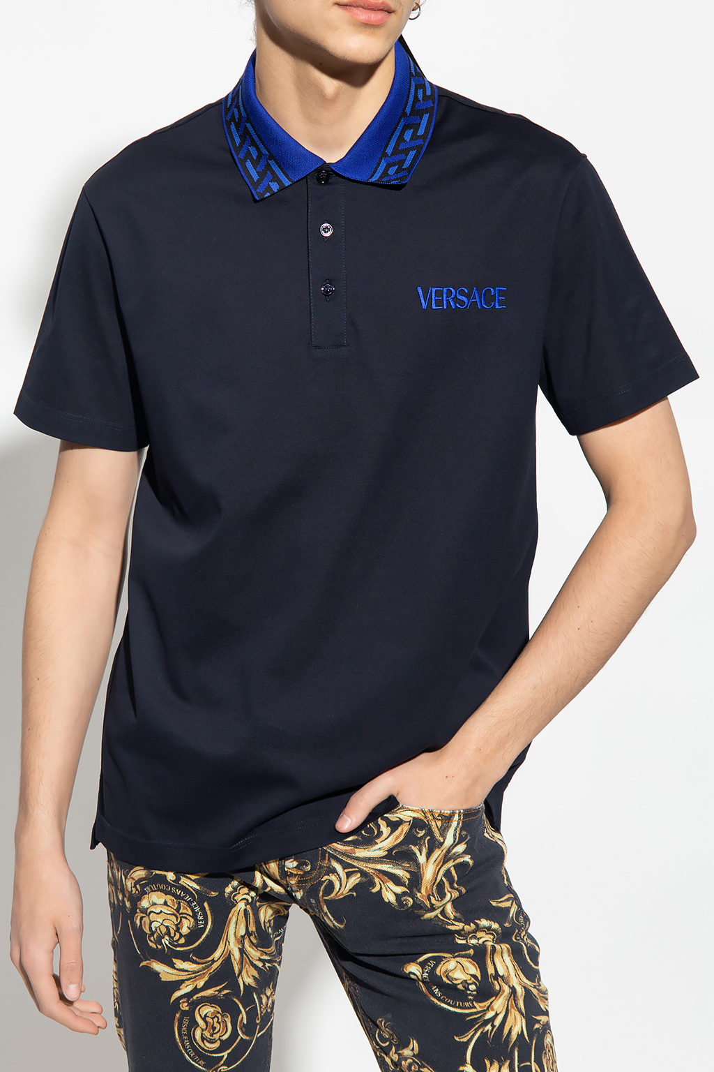 Versace Camisa Polo Guess Reta Frisos Azul-Marinho