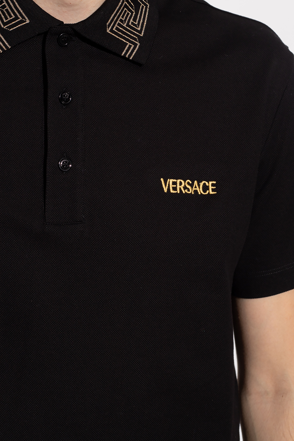 Versace Tom Tailor Denim Biała koszulka polo z nadrukiem na całej powierzchni i logo