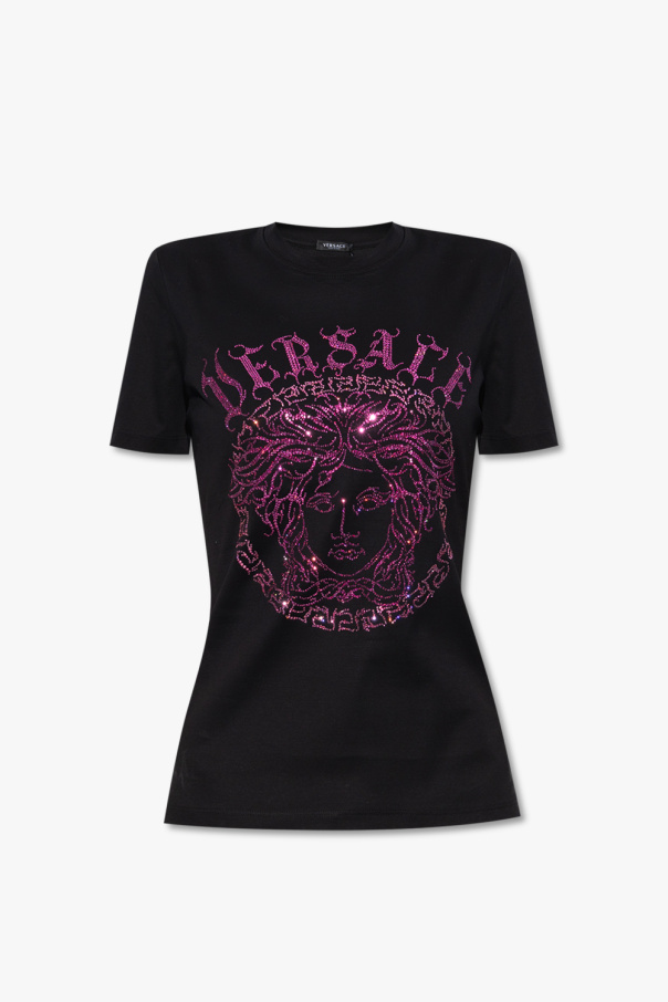 Versace Lacoste SPORT Kadın Regular Fit Bisiklet Yaka Baskılı Siyah T-Shirt