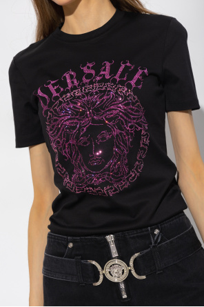 Versace Lacoste SPORT Kadın Regular Fit Bisiklet Yaka Baskılı Siyah T-Shirt