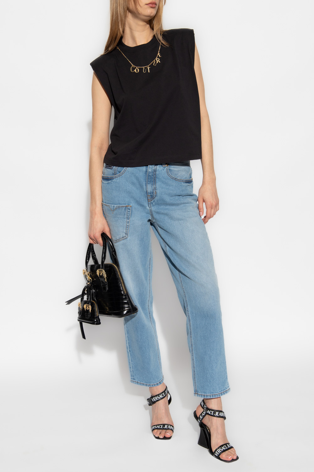 Versace Jeans Couture Black Crop Denim Tank Top