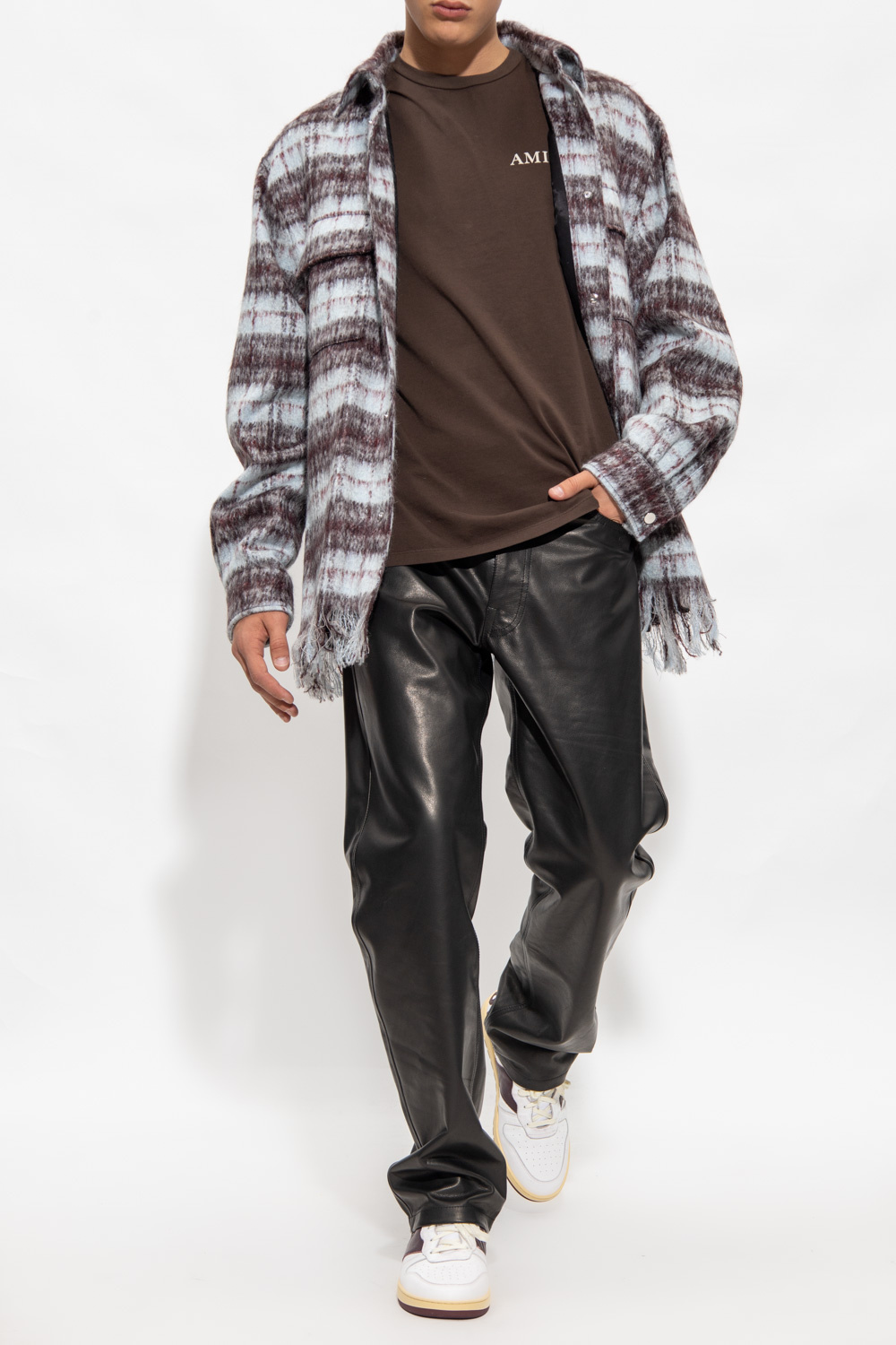 Amiri s plaid-pattern collarless jacket