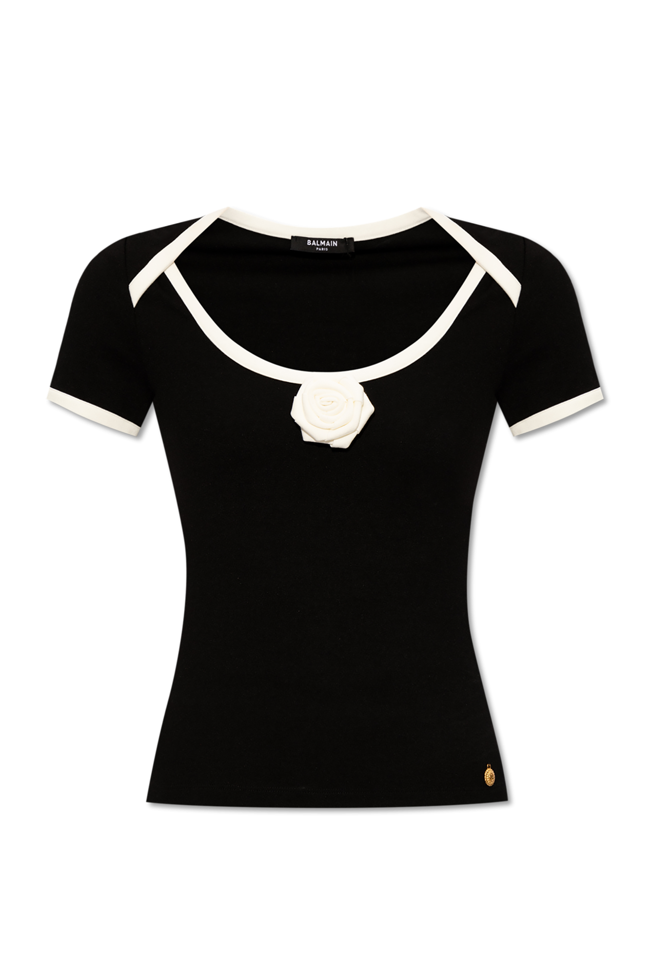 Black T-shirt with a rose-shaped appliqué Balmain - Vitkac GB