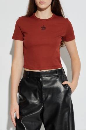 Fendi Geripptes T-Shirt mit aufgesticktem Logo