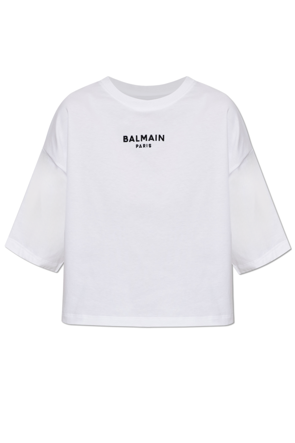 Cropped t-shirt with embroidered logo od Balmain
