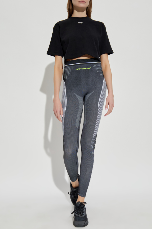 Off-White Krótki prążkowany t-shirt z logo