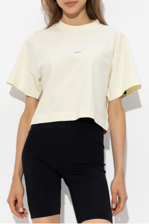 Off-White Cropped T-shirt with pearl appliqué