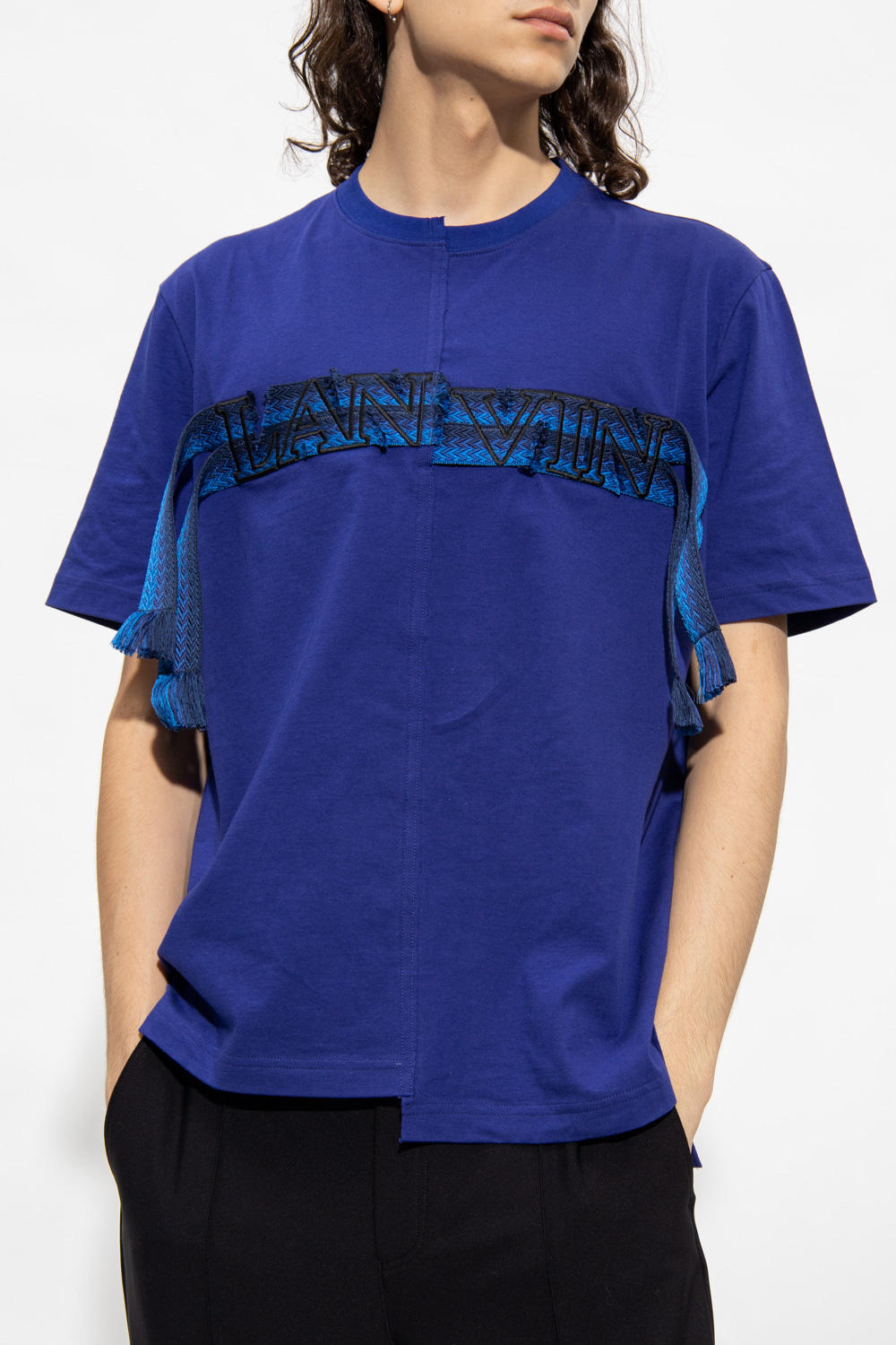 Lanvin open-neck linen polo shirt Blu
