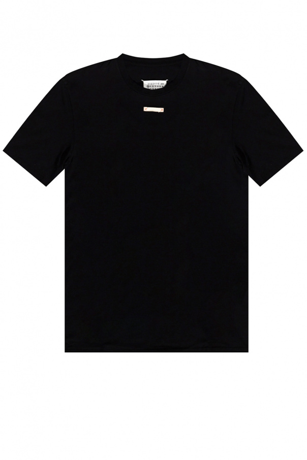 Maison Margiela One Above Another ribbed cropped t-shirt with cut out neck & spicy graphic