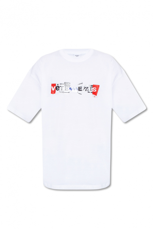 VETEMENTS Boxy Fit Crew Neck Printed Cotton Combed T-Shirt