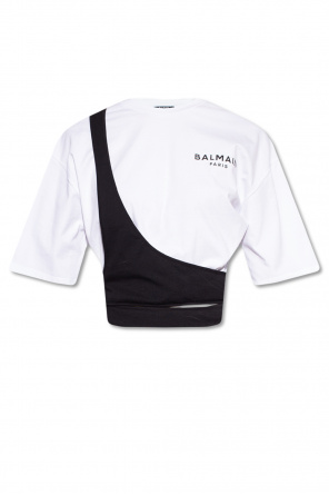 balmain Trainers logo embroidered collarless denim shirt