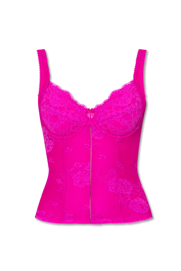 Balenciaga Neon pink tank top with adjustable shoulder straps, floral motif and lace trims from