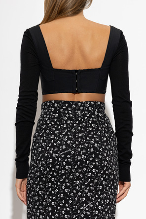 Dolce & Gabbana Black Satin-Panelled Corset-Inspired Cropped Top with Long Sleeves