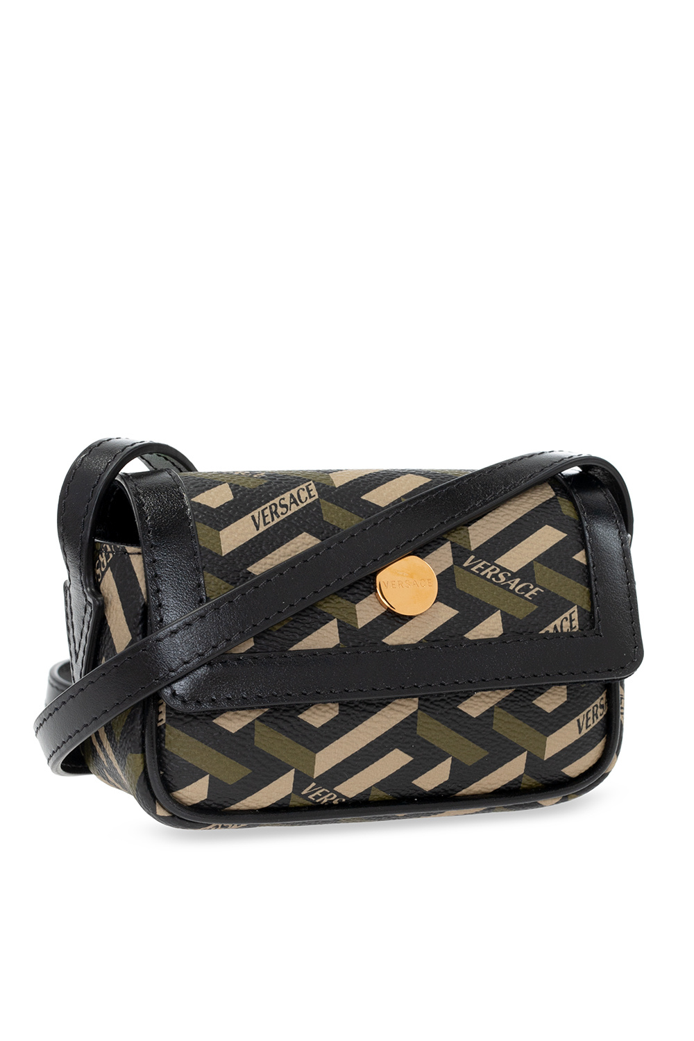 Versace Coated Canvas La Greca Signature Print Virtus V Mini Chain Bag Black Caramel