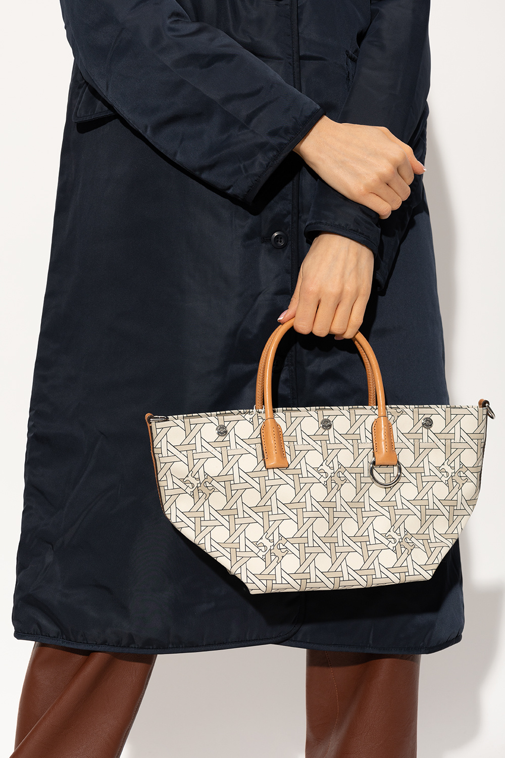 Tory Burch Navy Blue/Beige Coated Canvas T Monogram Tote Tory Burch