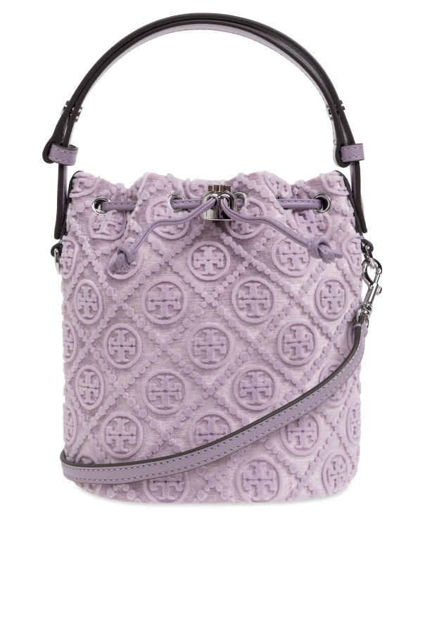 Tory Burch Aksamitna torba do ręki `T Monogram Mini`  typu ‘bucket`