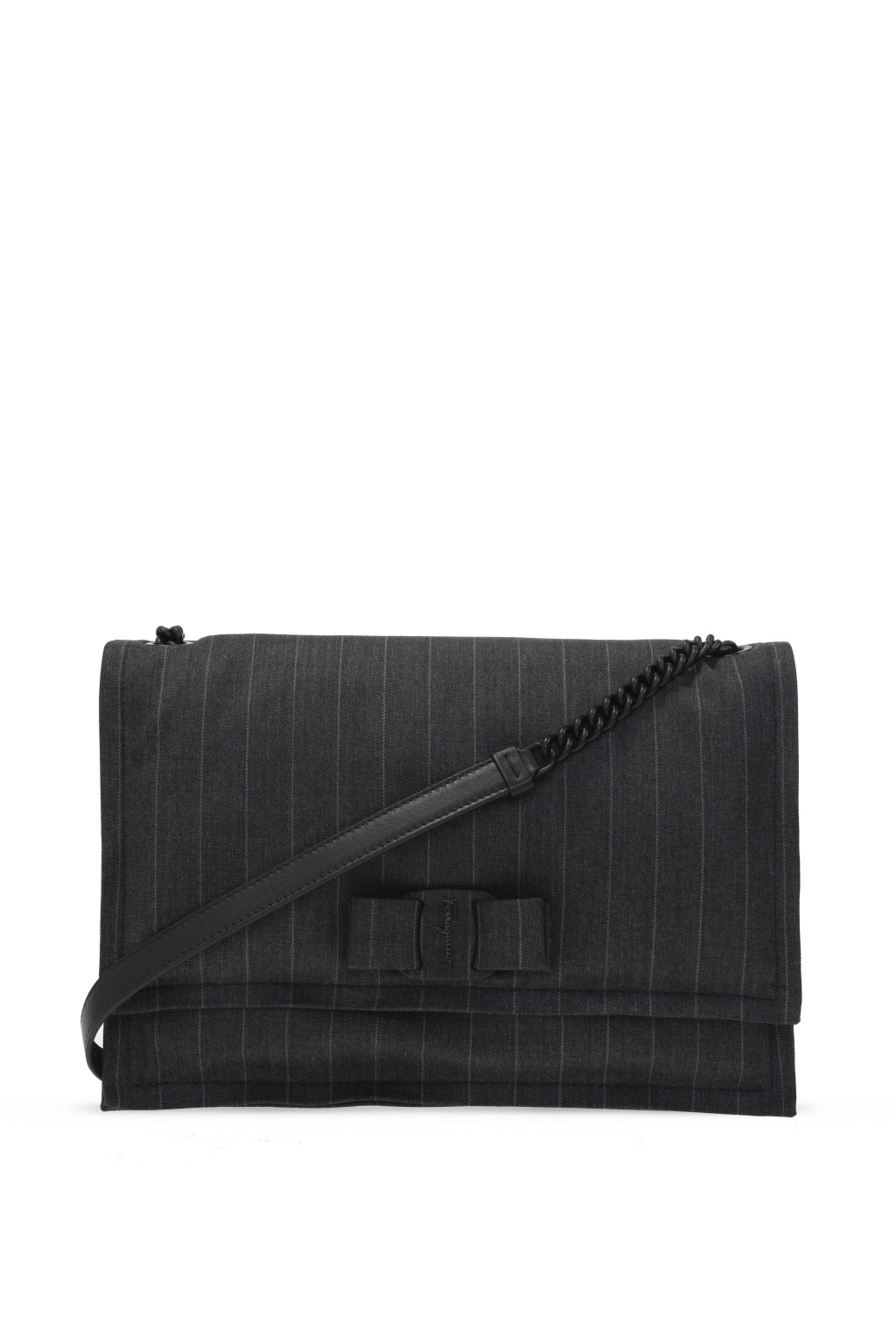 Authenticated Used Salvatore Ferragamo shoulder bag black leather striped  pochette ladies 