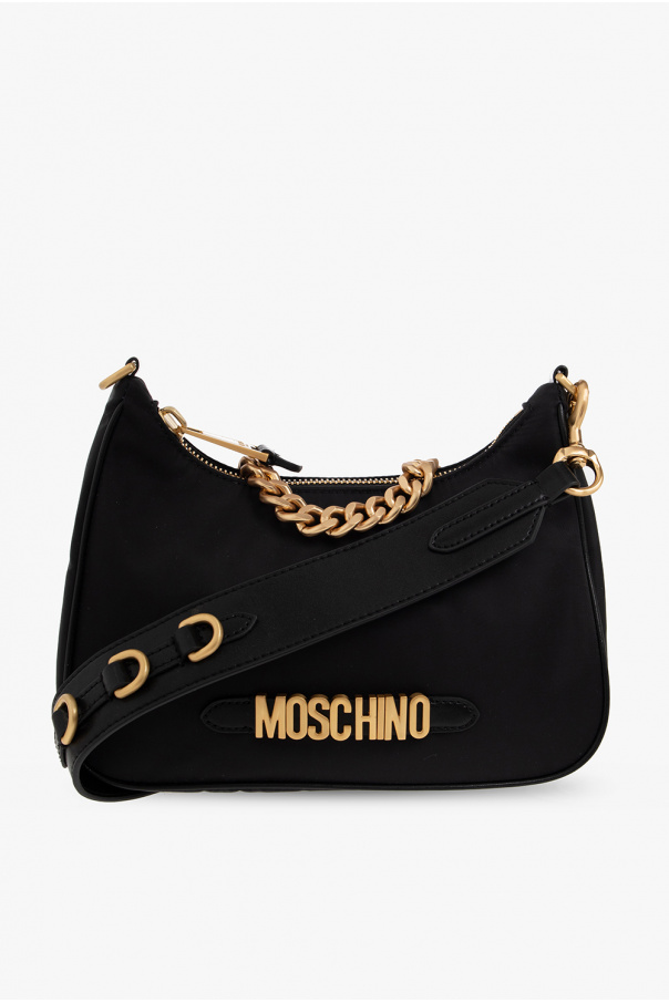 Moschino Black Grained Leather GG Ring Shoulder Bag