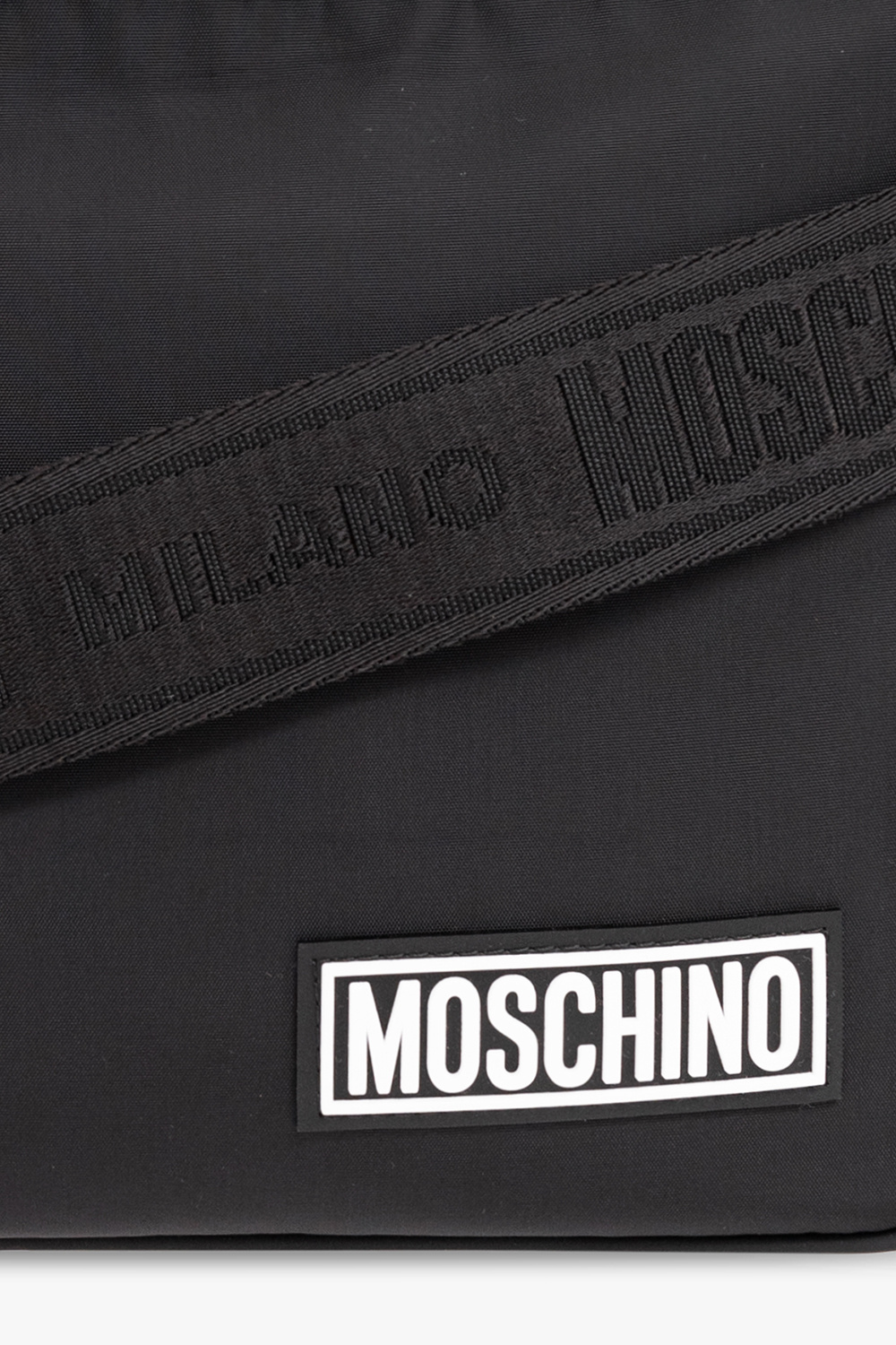 Moschino Black faux fur bag with long shoulder strap and maxi M detail on the front with applied sequins
