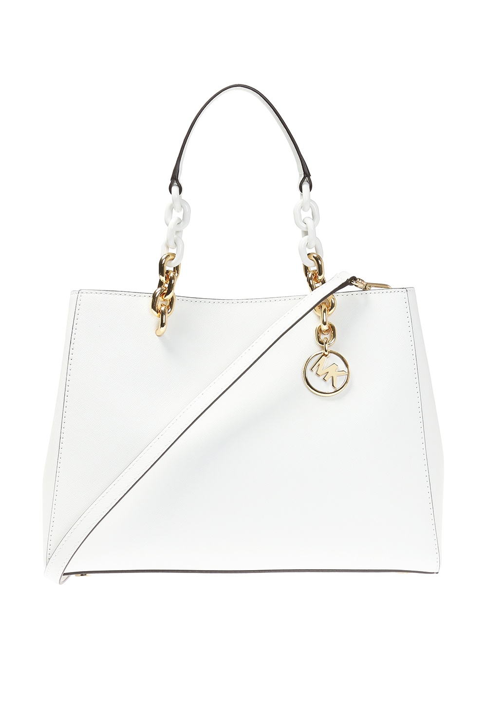 Michael Kors White Monogram Gold Chain Cynthia Tote Shoulder Bag