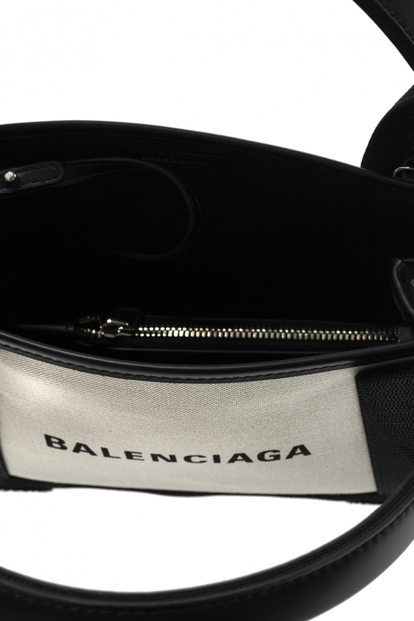 BALENCIAGA Navy Cabas small leather-trimmed printed canvas tote