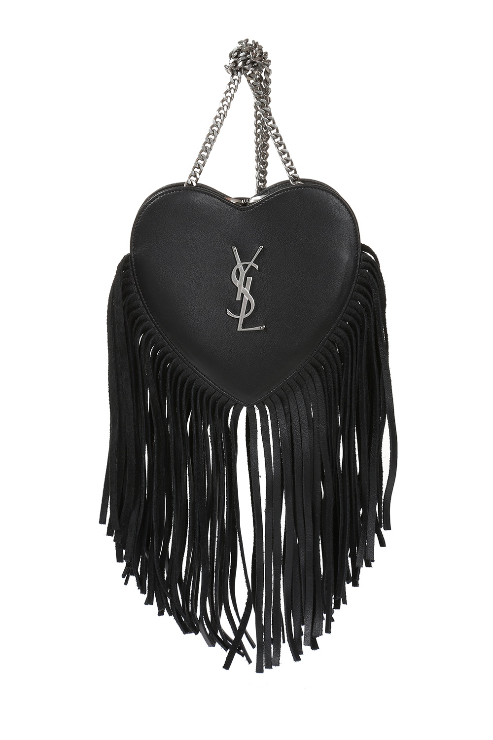 Saint Laurent Monogram Small Zip-Top Fringe Heart Bag - Black