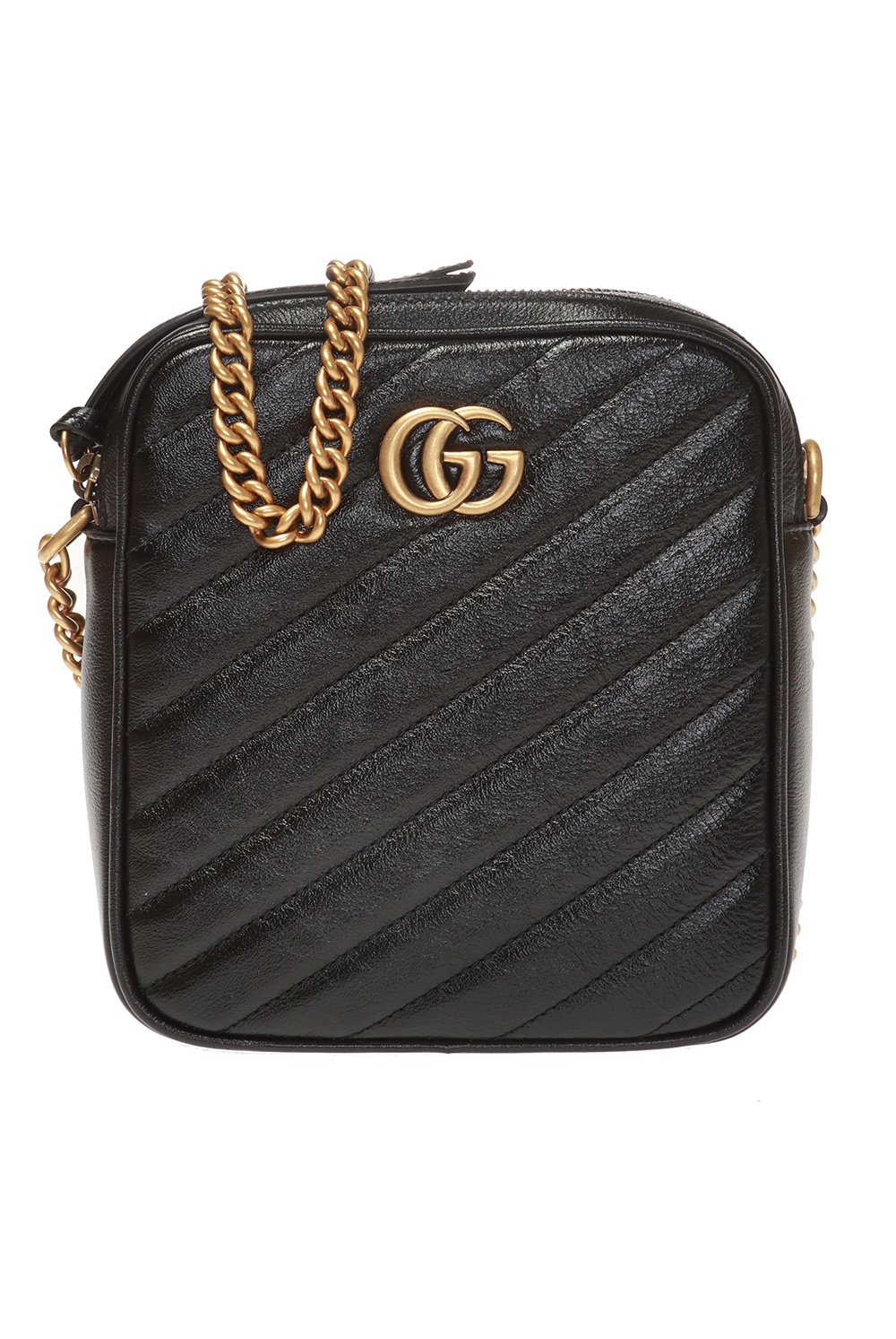 Gucci GG Marmont Double Zip Camera Bag Diagonal Quilted Leather Mini Black