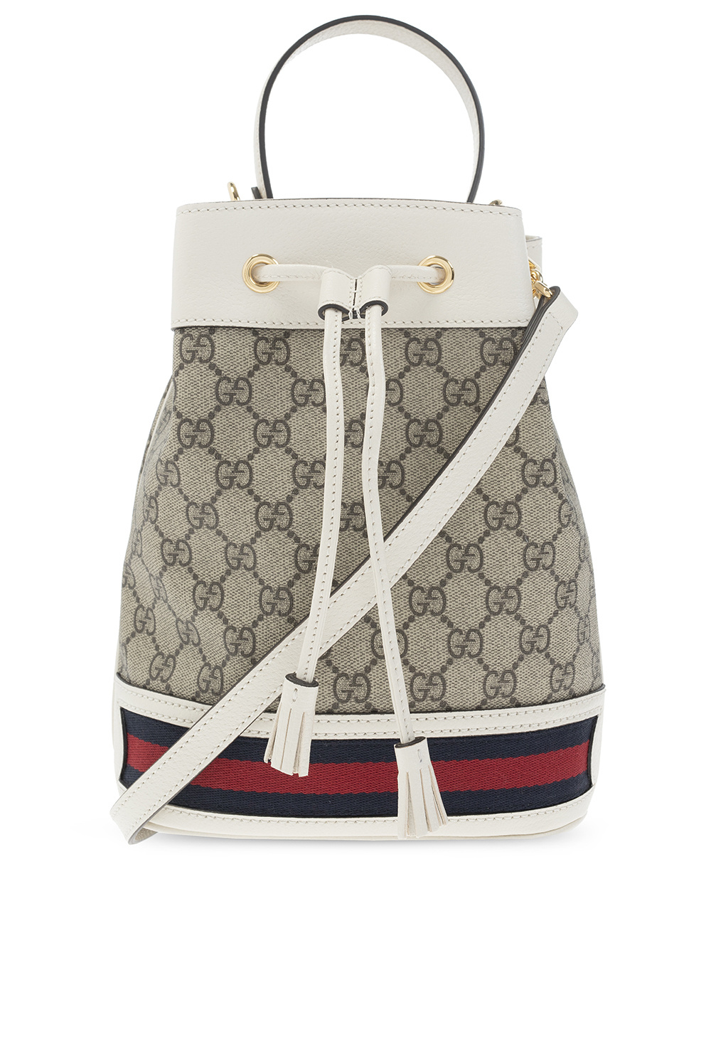 Ophidia GG mini bucket bag in beige and white canvas