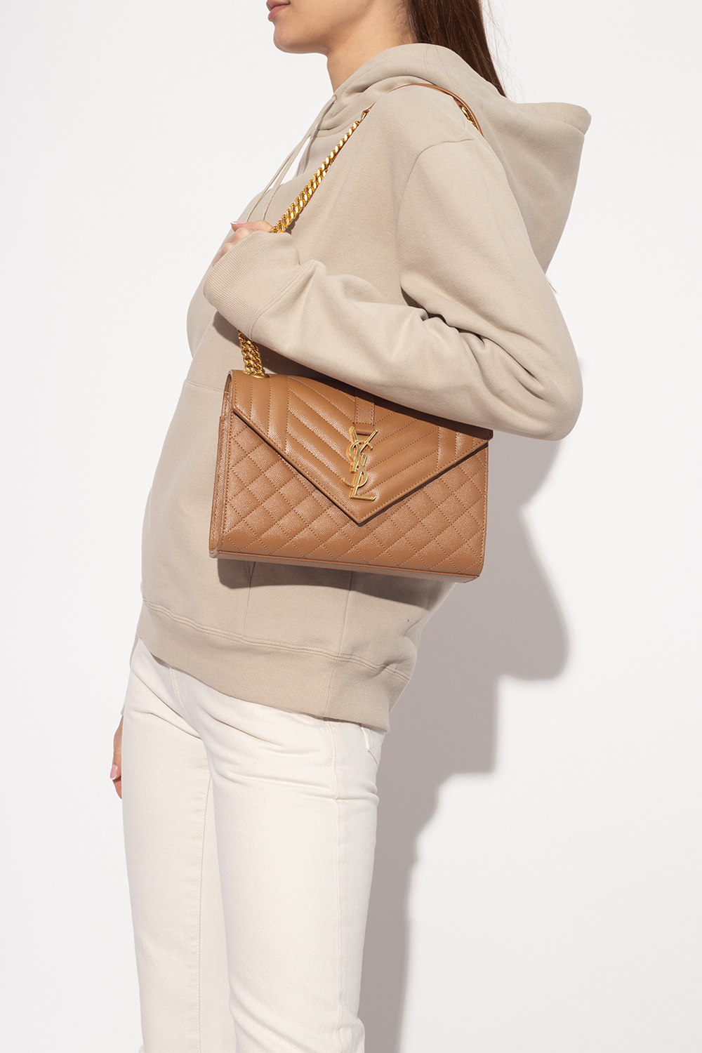 Saint Laurent Envelope Medium Quilted Textured-leather Shoulder Bag in  Natural