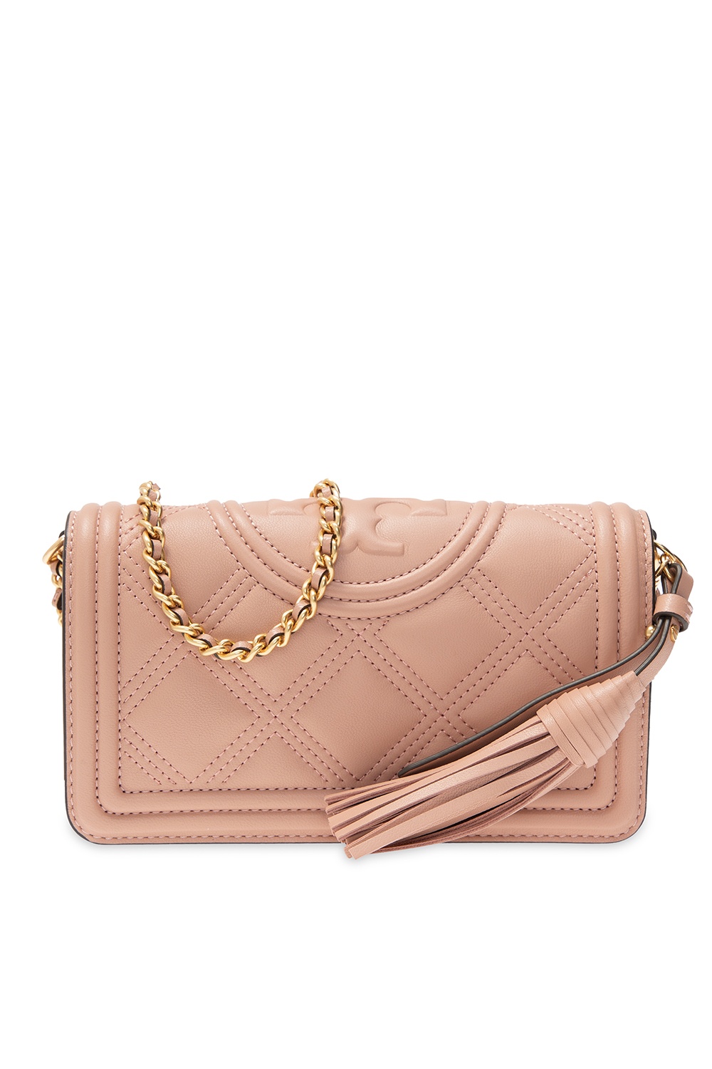 Tory Burch Fleming Crossbody Rose Pink Metallic Leather Gold Tassel Bag