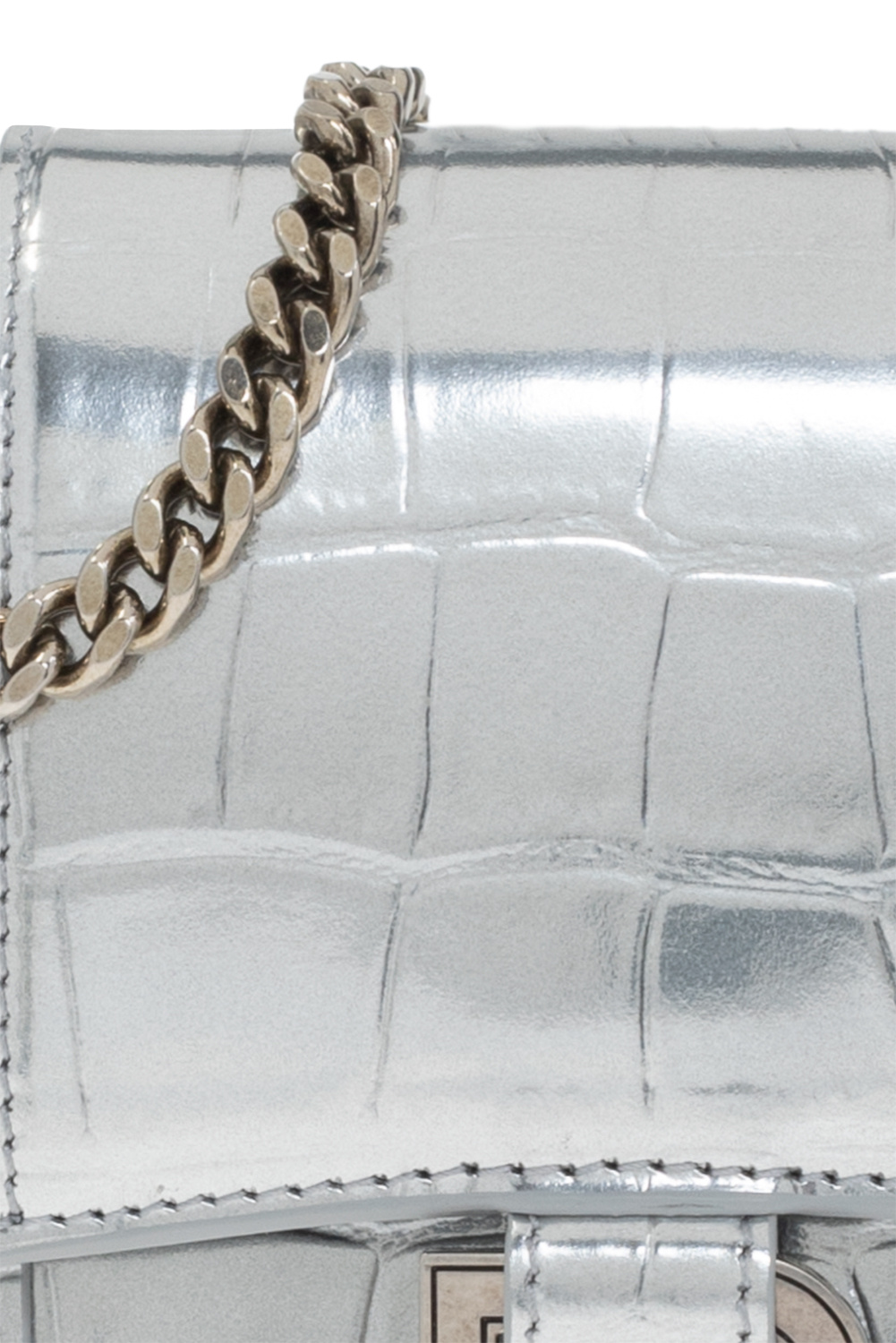 Balenciaga Hourglass Silver Croc Embossed Leather Chain Wallet Bag New