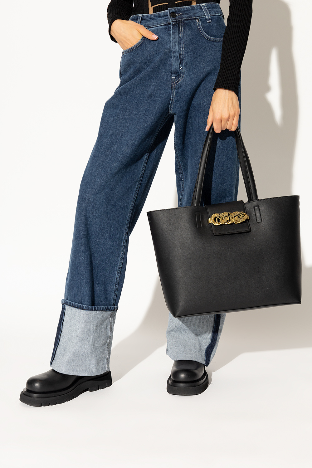 Black Shopper bag with logo Versace Jeans Couture