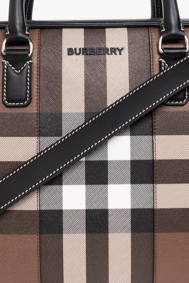 BURBERRY: Ainsworth coated cotton bag with check pattern - Brown