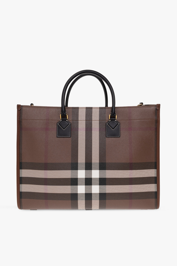 Burberry Check and Leather Freya Tote Bag Medium Dark Birch Brown in  Cotton/Polyurethane with Gold-tone - US