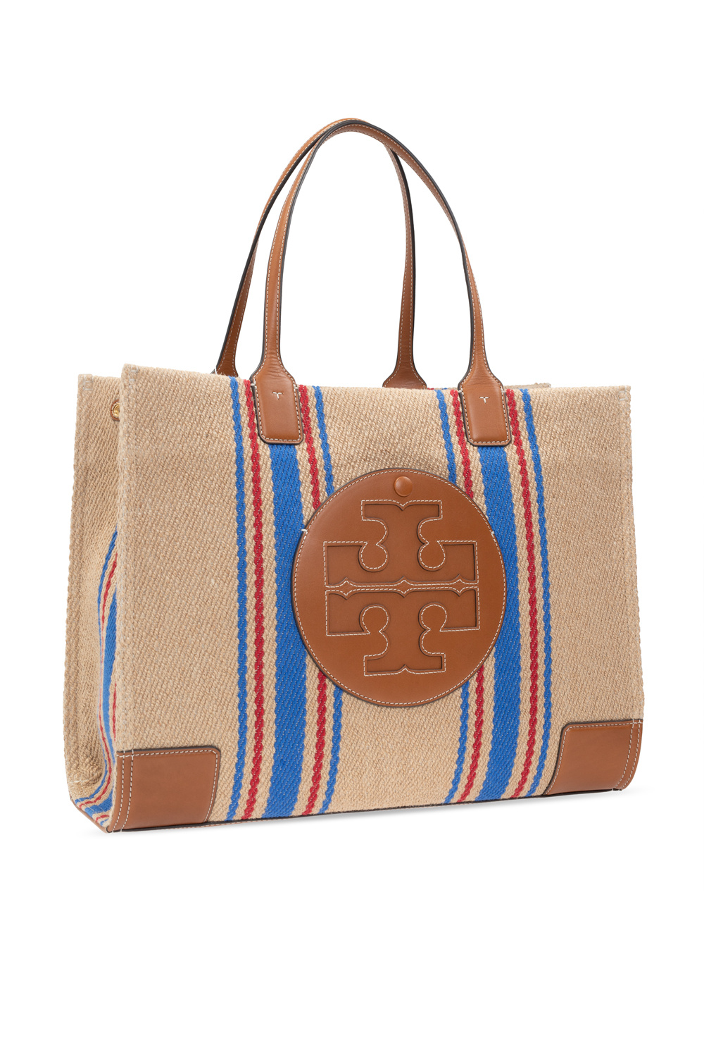 Tory Burch "All T" Logo Large Brown Leather & Tan Canvas Tote  Shoulder Bag