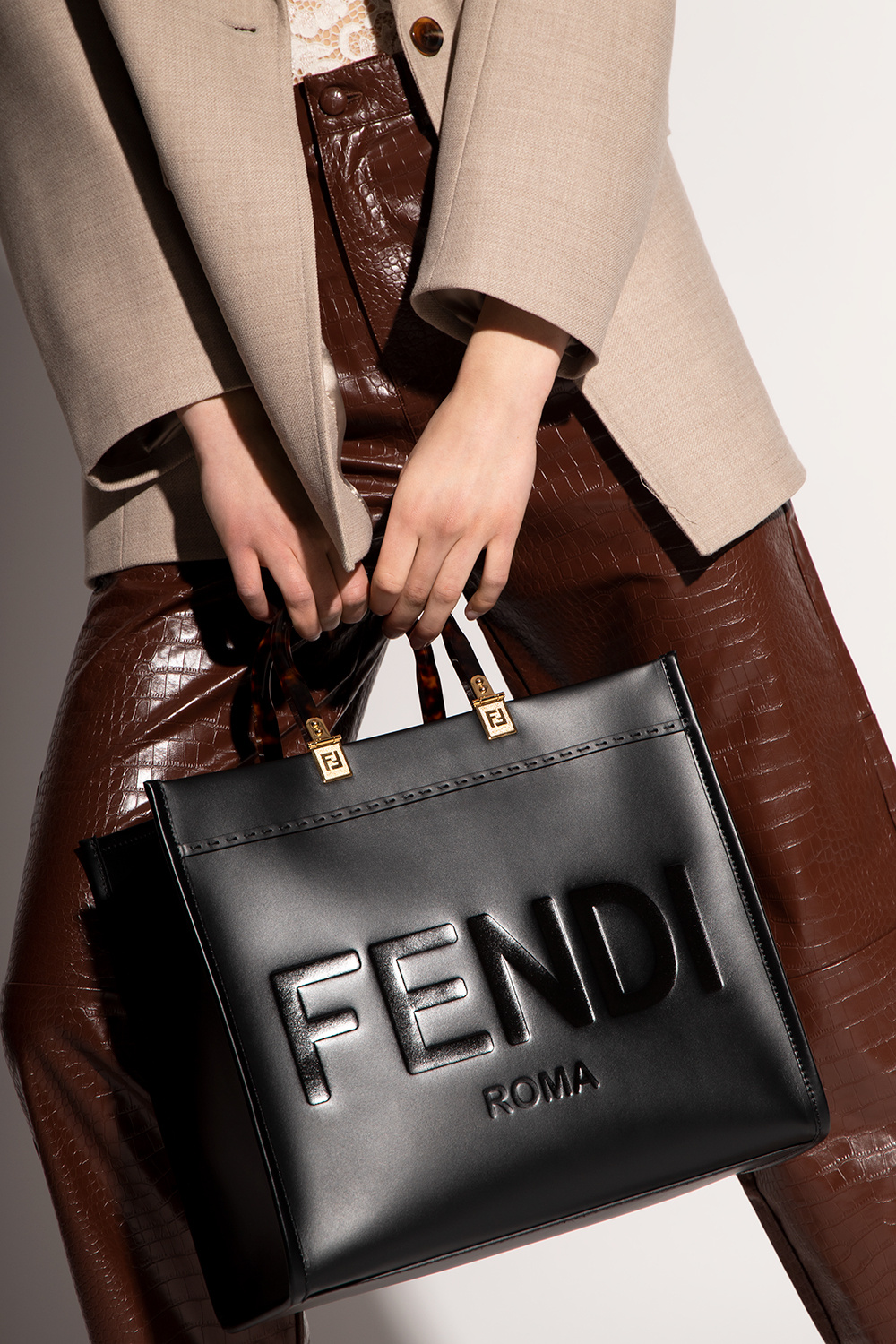 Fendi Black Leather Medium Sunshine Shopper Tote Fendi
