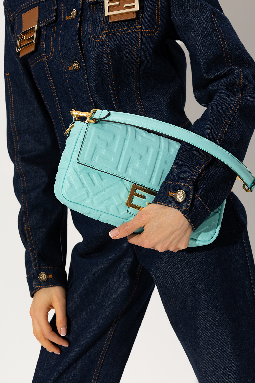 Fendi Tiffany Blue Logo Embossed Lambskin Leather Mini Baguette